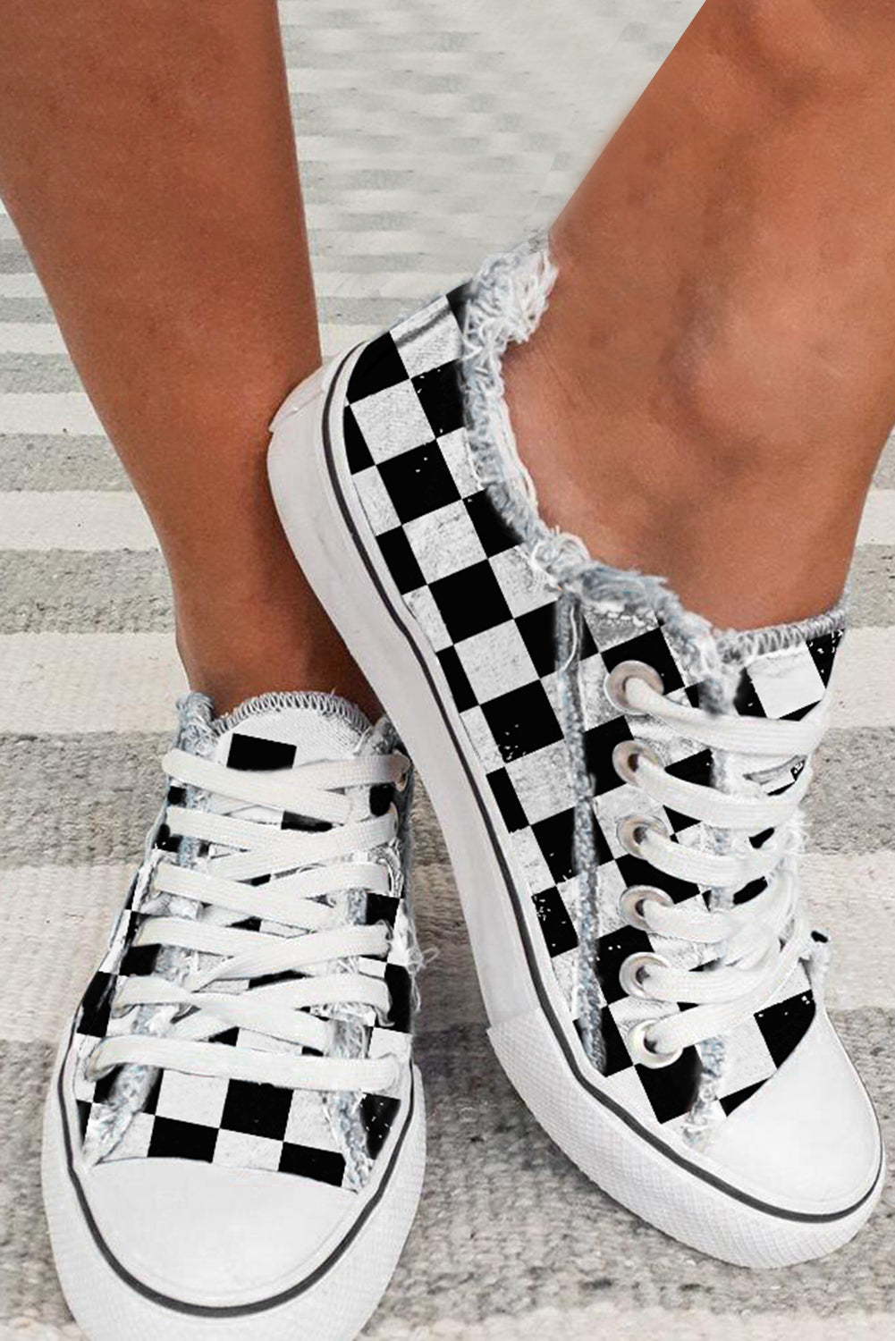 Black Checkered Print Raw Edge Lace-up Canvas Shoes Women's Shoes JT's Designer Fashion