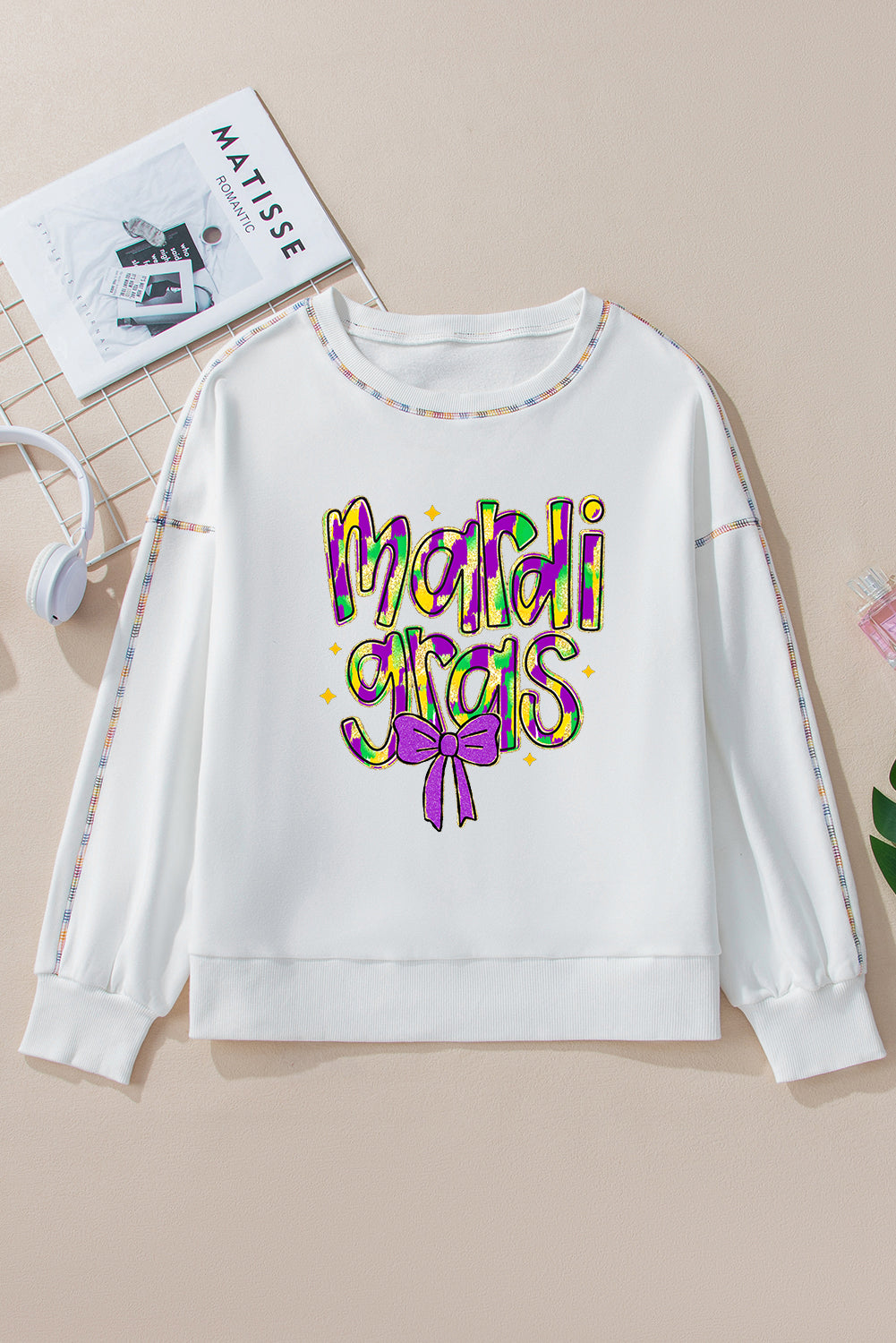 White mardi gras Bowknot Printed Contrast Trim Drop Shoulder Sweatshirt Graphic Sweatshirts JT's Designer Fashion