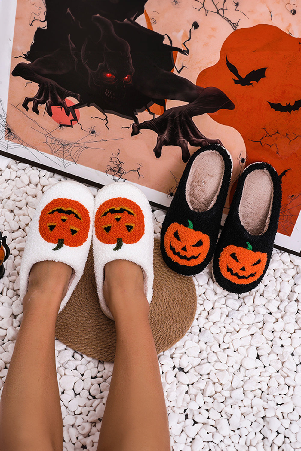 White Halloween Pumpkin Print Plush Slippers Slippers JT's Designer Fashion