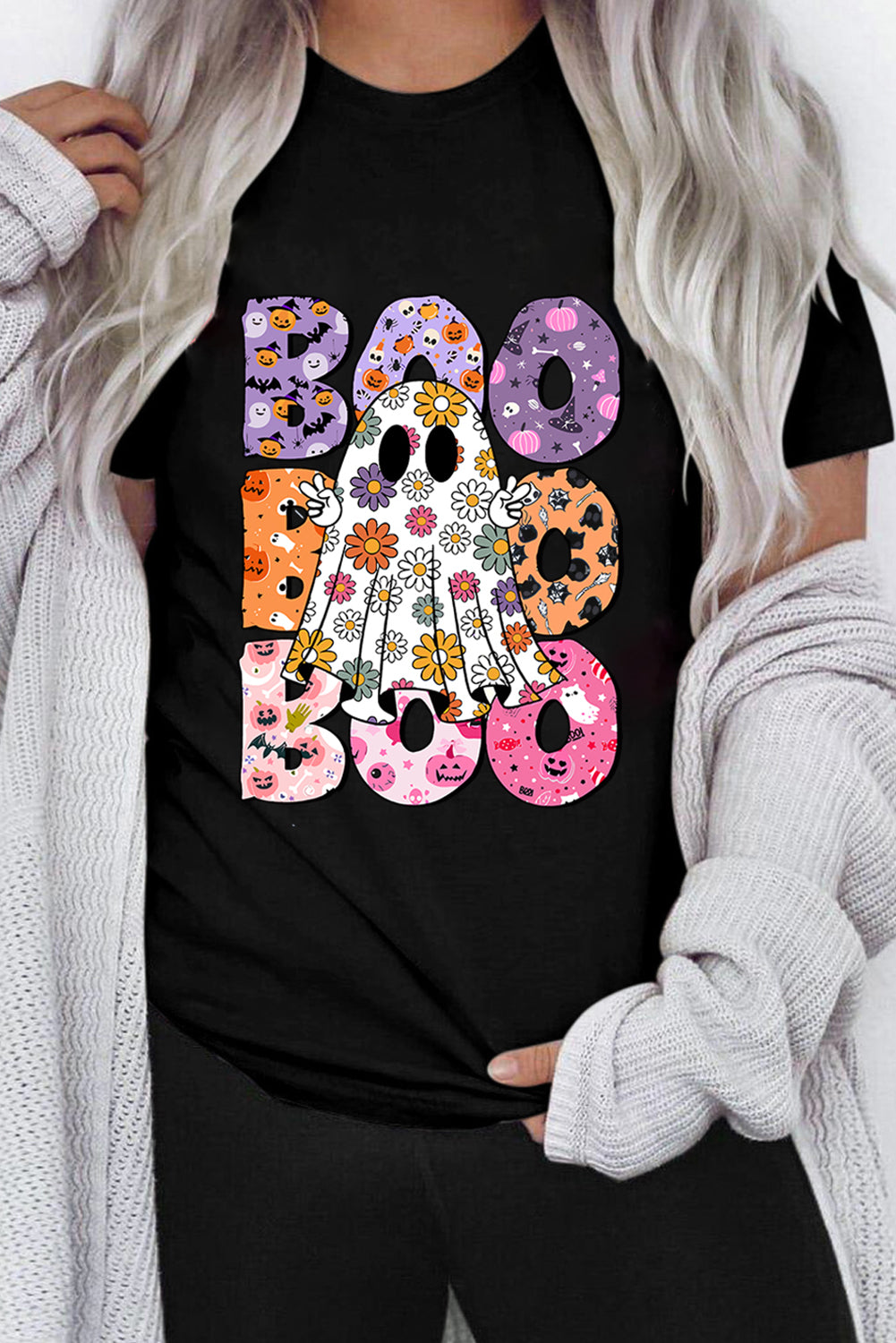 Black BOO Floral Ghost Print Crew Neck Halloween T Shirt Graphic Tees JT's Designer Fashion