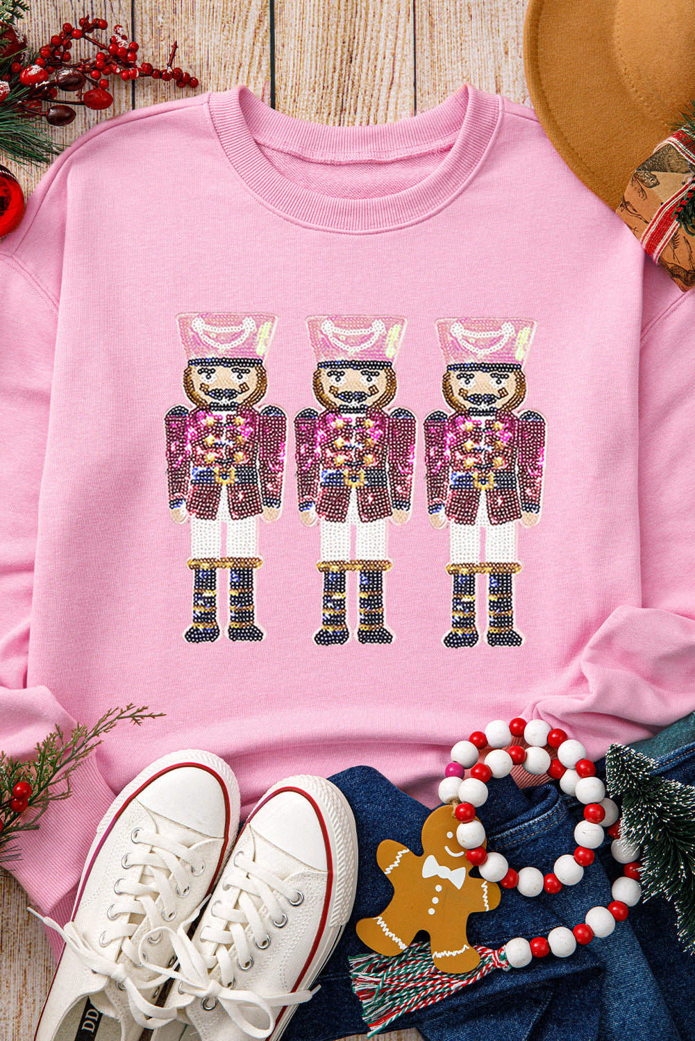 Pink Christmas Nutcracker Graphic Pullover Sweatshirt Graphic Sweatshirts JT's Designer Fashion