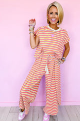 Yellow Stripe Rainbow Tee Tasseled String Wide Leg Pants Set Tops & Tees JT's Designer Fashion