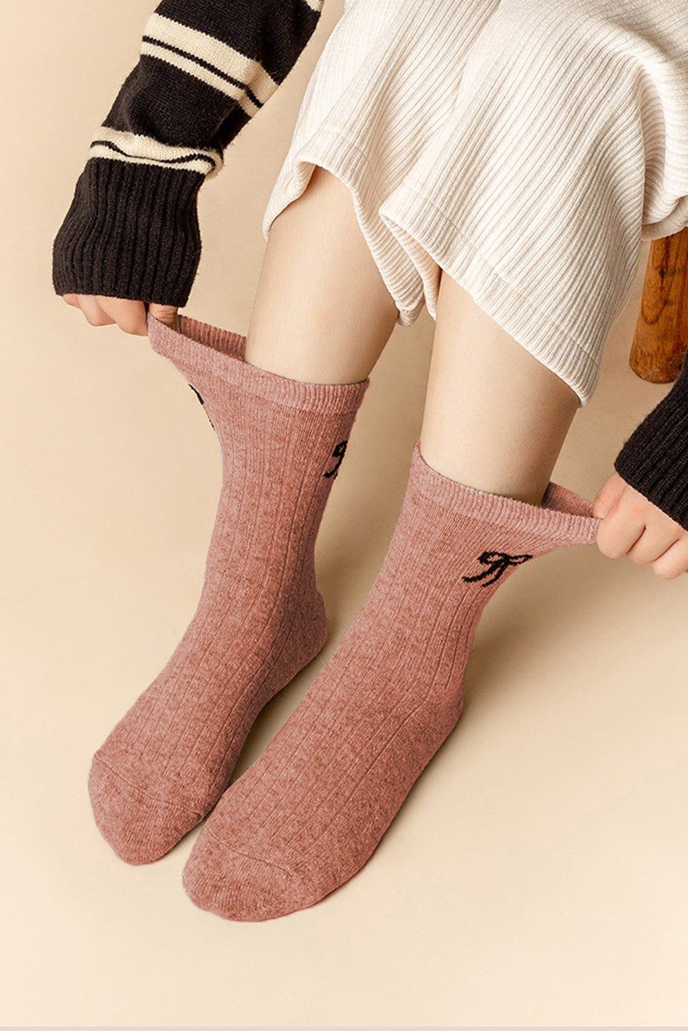 Gossamer Pink Bowknot Detail Ribbed Winter Stockings Socks JT's Designer Fashion