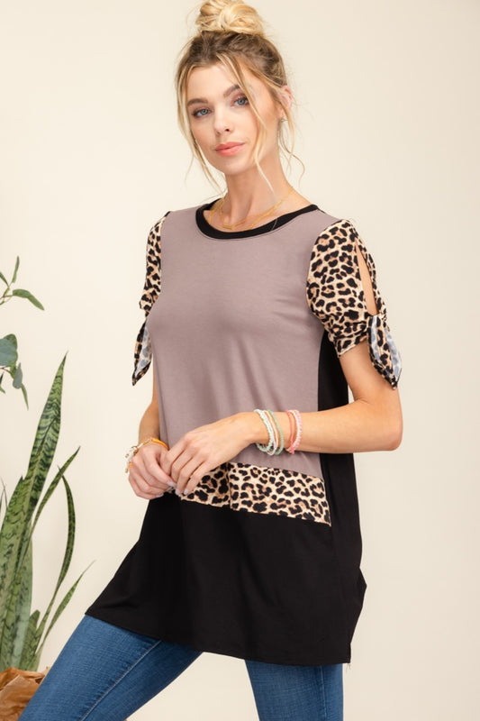 Celeste Full Size Open Tie Sleeve Leopard Color Blocked Top Mocha Blouses & Shirts JT's Designer Fashion