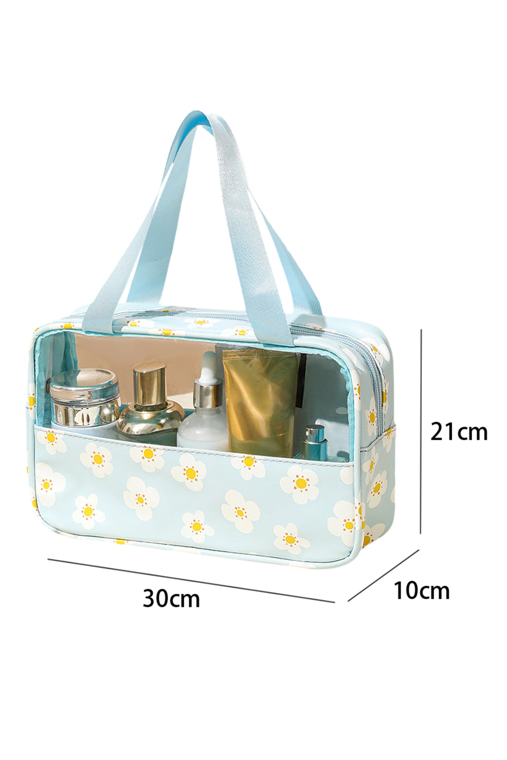 Mist Blue Half Floral Print Handle Strap Waterproof Makeup Bag Other Accessories JT's Designer Fashion