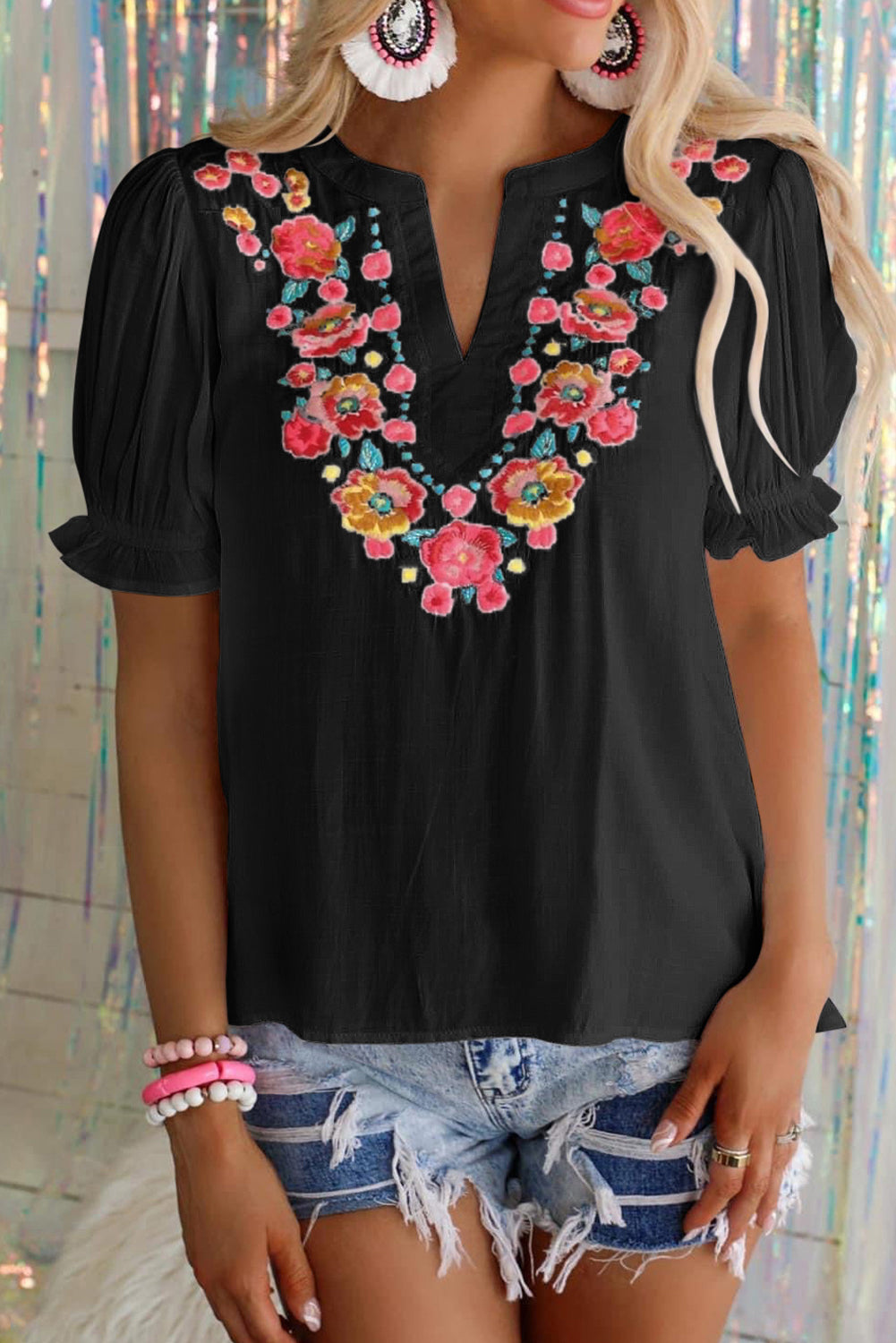 Black Floral Embroidered Ruffled Puff Sleeve Blouse Blouses & Shirts JT's Designer Fashion