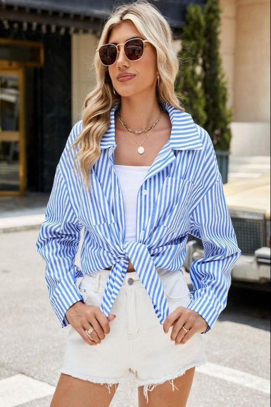 Striped Button Up Long Sleeve Shirt Sky Blue Long Sleeve Shirts JT's Designer Fashion