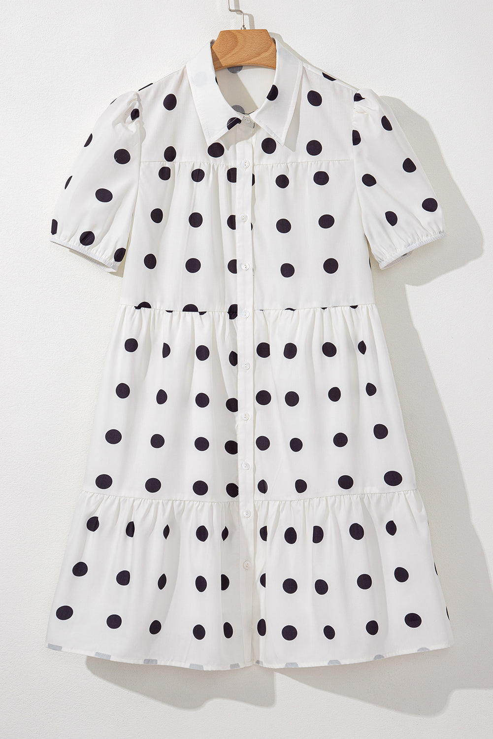 White Polka Dot Print Short Sleeve Collar Buttoned Tiered Babydoll Dress Mini Dresses JT's Designer Fashion