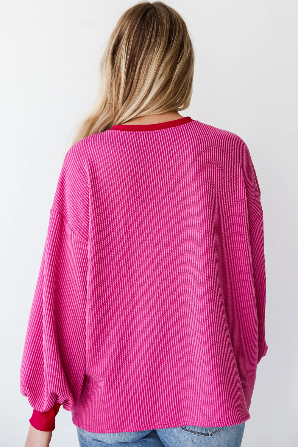 Bright Pink Corded Contrast Edge Drop Shoulder Long Sleeve Top Long Sleeve Tops JT's Designer Fashion