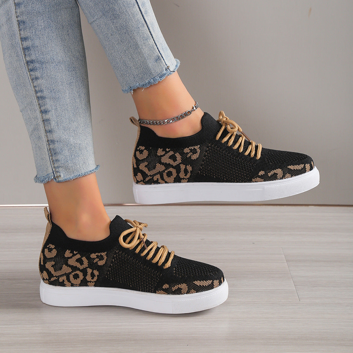 Lace-Up Leopard Flat Sneakers Shoes JT's Designer Fashion