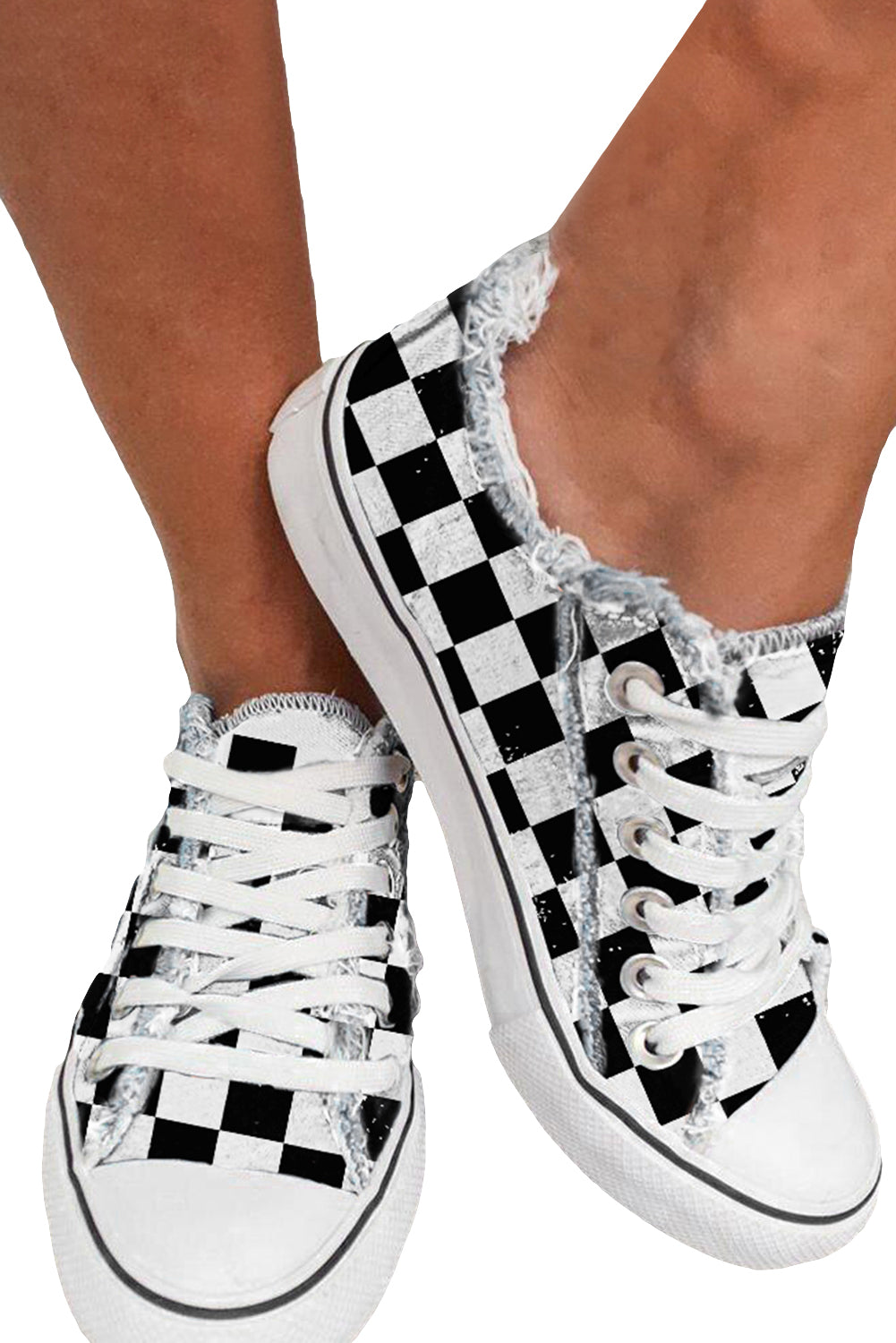 Black Checkered Print Raw Edge Lace-up Canvas Shoes Women's Shoes JT's Designer Fashion