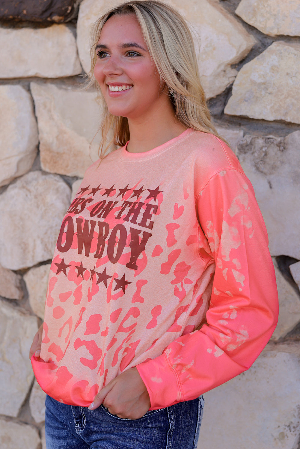 Pink Slogan Cheetah Bleached Print Crewneck Sweatshirt Graphic Sweatshirts JT's Designer Fashion