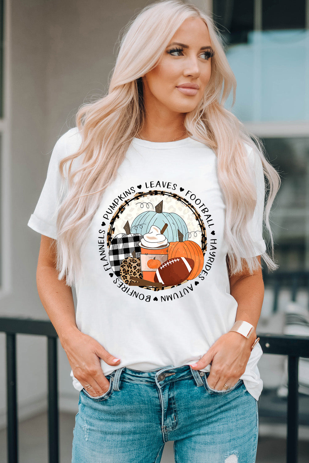 White Autumn Vibes Pumpkin Graphic T-shirt Graphic Tees JT's Designer Fashion