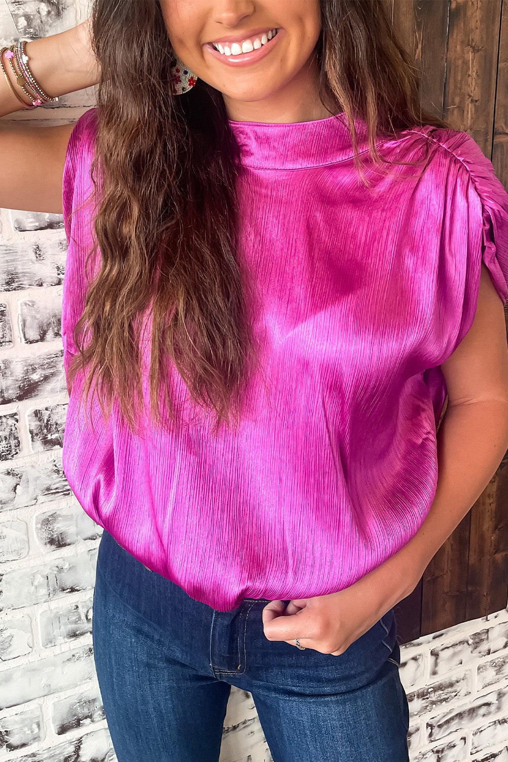 Bright Pink Ruched Sleeves Open Knotted Back Satin Blouse Tops & Tees JT's Designer Fashion