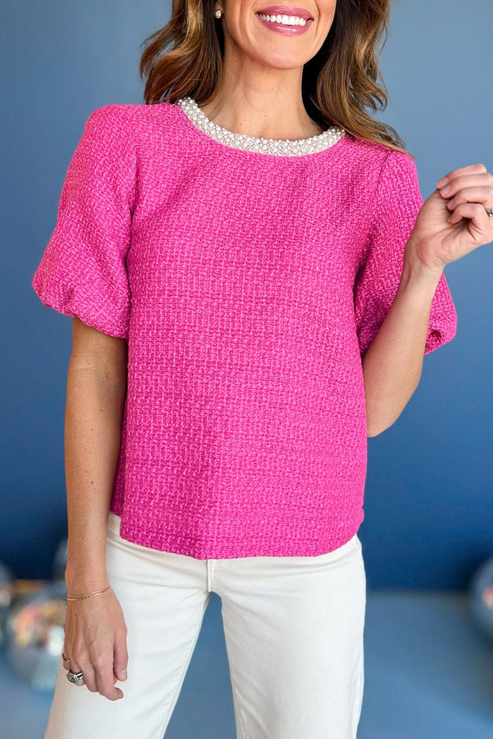 Bright Pink Pearl Trim Neckline Tweed Bubble Sleeve Top Tops & Tees JT's Designer Fashion