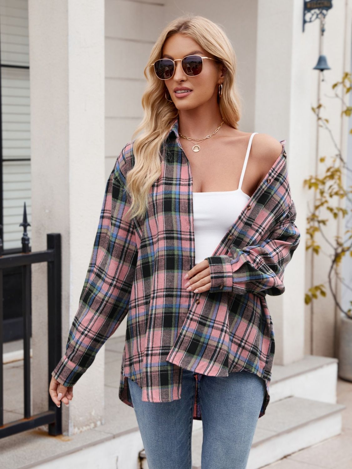 Pocketed Plaid Collared Neck Long Sleeve Shirt Long Sleeve Shirts JT's Designer Fashion