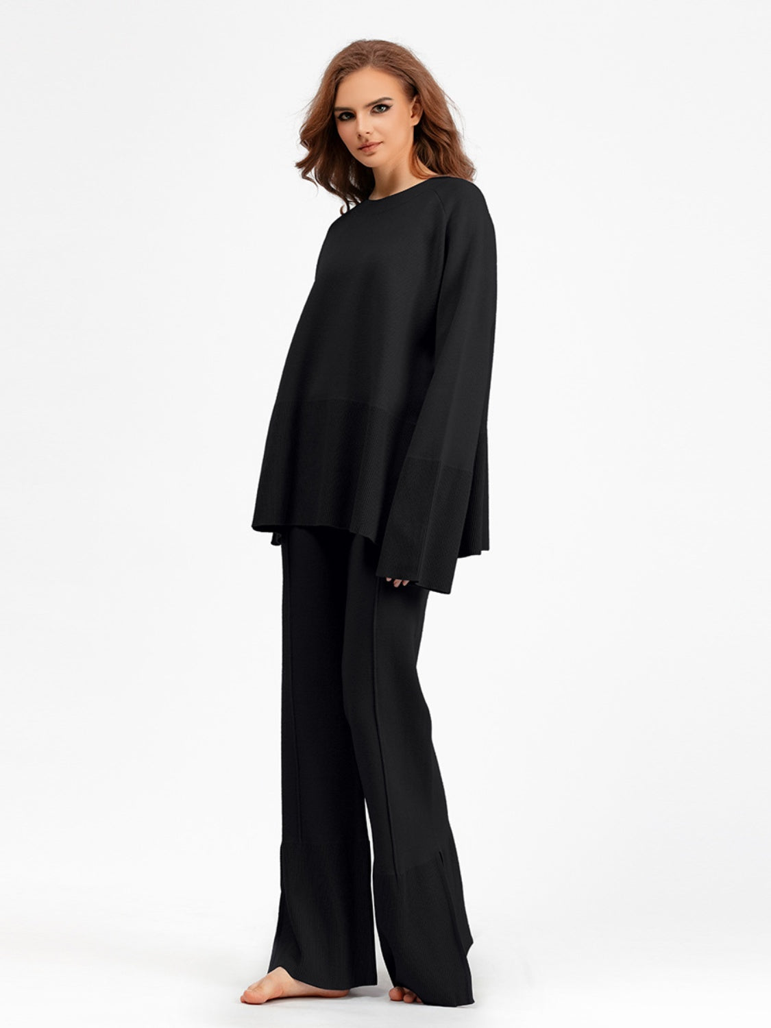 Slit Round Neck Long Sleeve Top and Drawstring Pants Sweater Set Black One Size Pants Sets JT's Designer Fashion