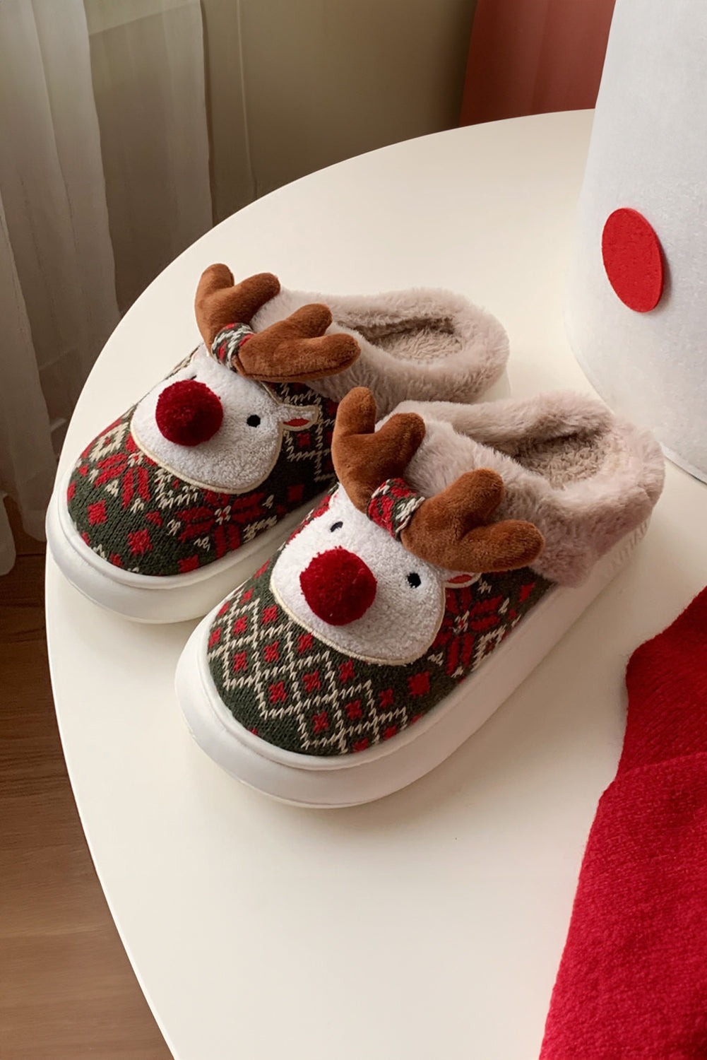 Dark Green Christmas Cartoon Reindeer Plush Home Slippers Slippers JT's Designer Fashion