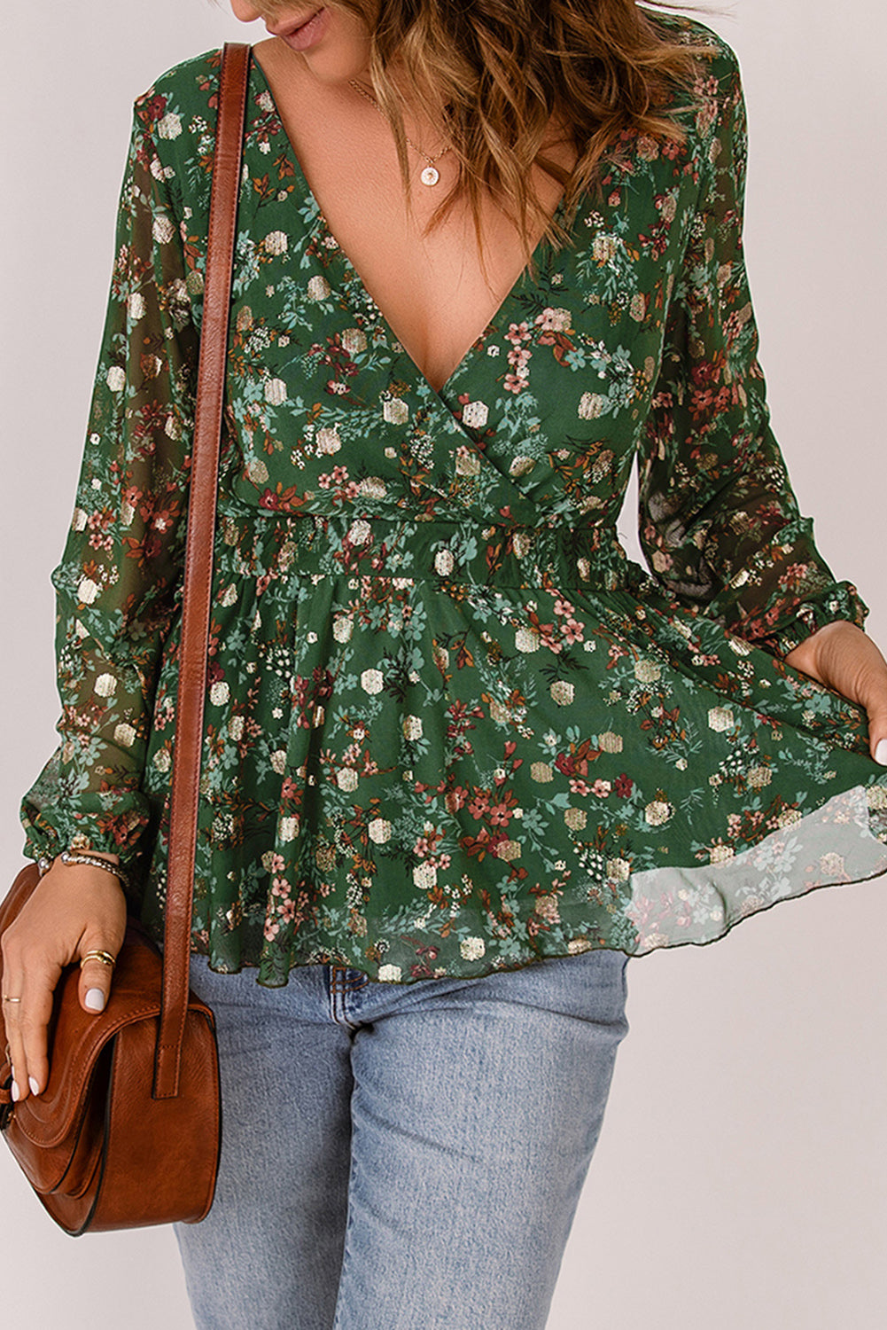 Green Floral Print Wrap V Neck Peplum Top Blouses & Shirts JT's Designer Fashion