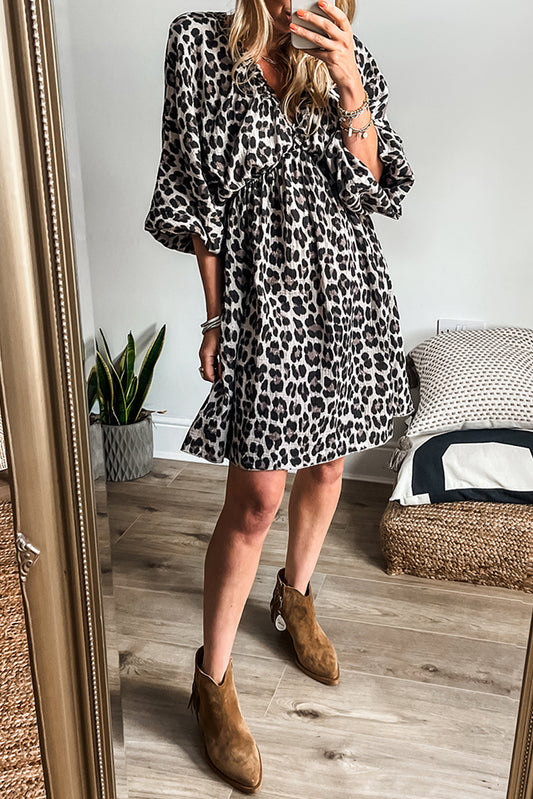 Black Leopard Print Elasticated V Neck 3/4 Puff Sleeve Dress Mini Dresses JT's Designer Fashion