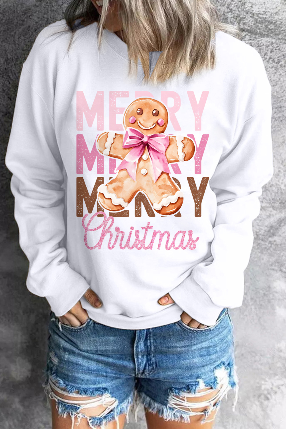 Beige Merry Christmas Gingerbread Man Graphic Sweatshirt Graphic Sweatshirts JT's Designer Fashion