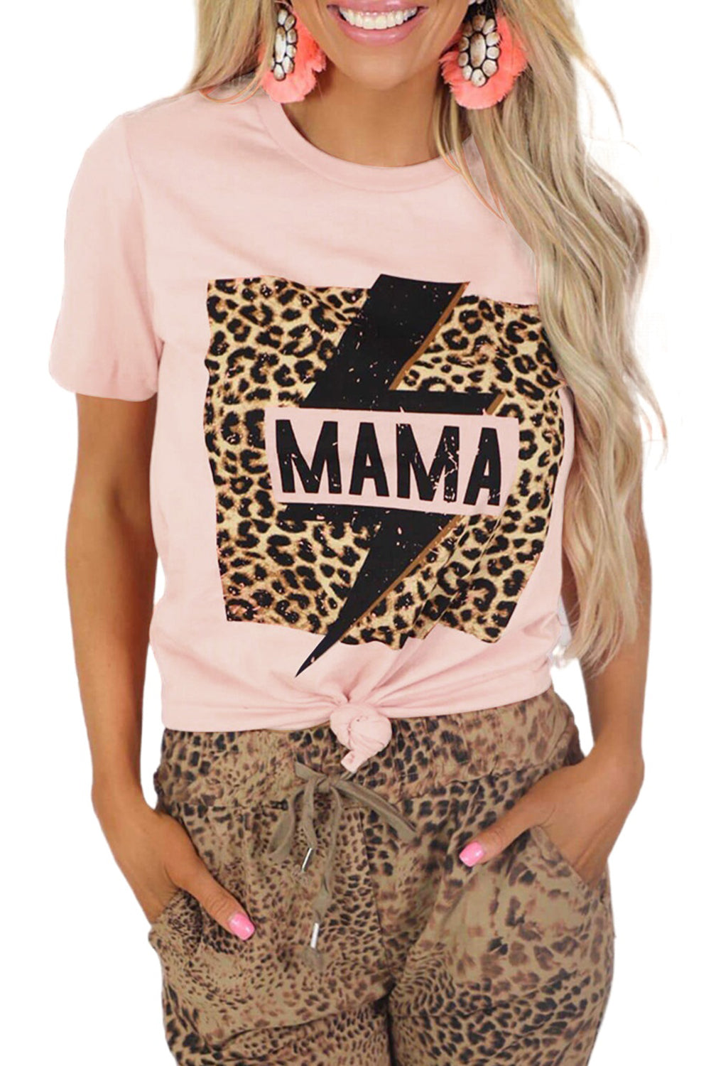 Pink MAMA Leopard Lightning Print Graphic T-shirt Graphic Tees JT's Designer Fashion