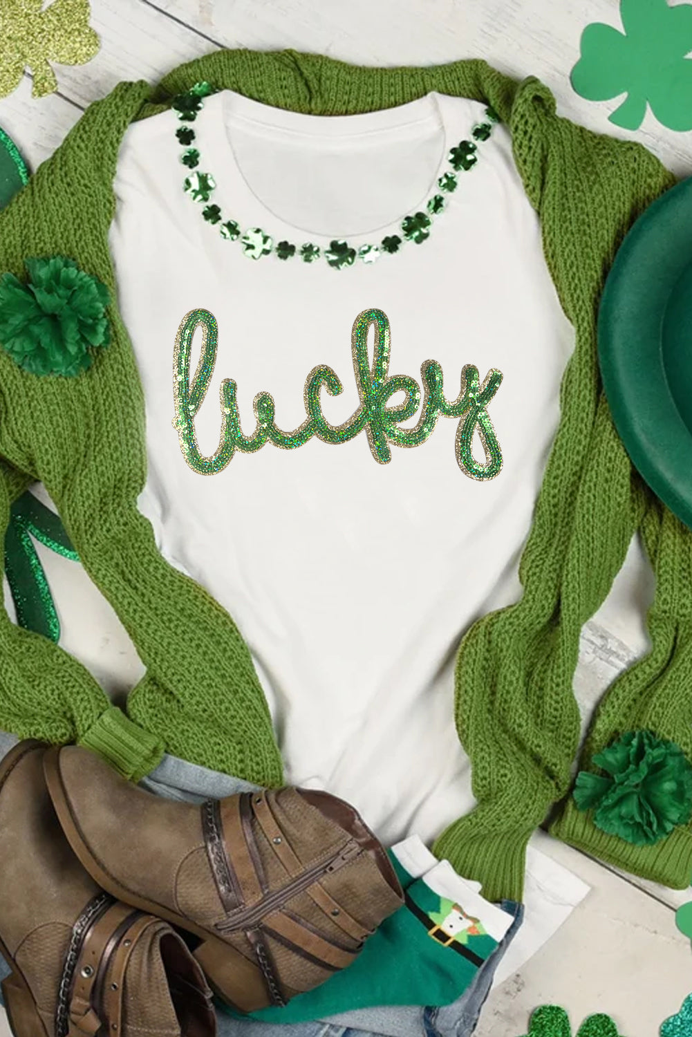 White Sequined Lucky St.Patricks Day Graphic Tee Graphic Tees JT's Designer Fashion