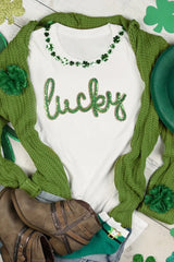 White Sequined Lucky St.Patricks Day Graphic Tee Graphic Tees JT's Designer Fashion