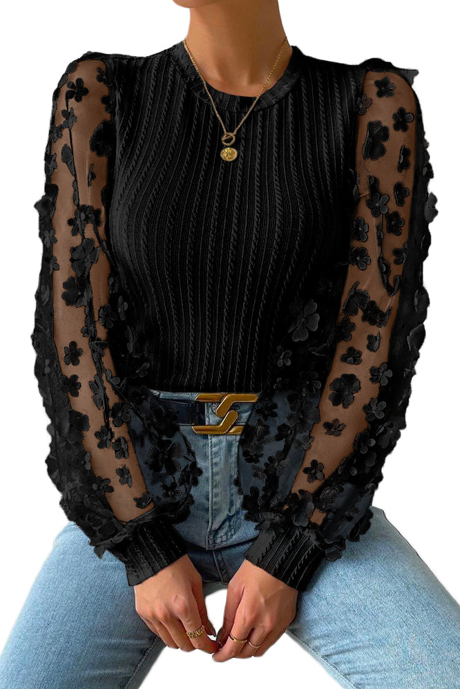 Black Floral Applique Mesh Sleeves Textured Knit Blouse Blouses & Shirts JT's Designer Fashion