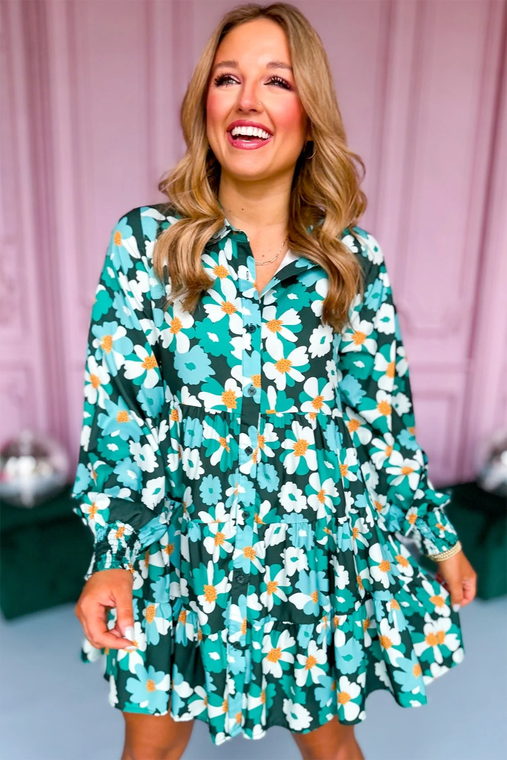 Green Floral Tiered Long Puff Sleeve Shirt Dress Floral Dresses JT's Designer Fashion