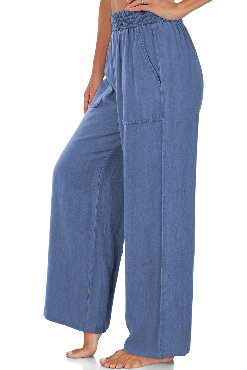 Sky Blue Side Pockets Frilled Smocked High Waist Wide Leg Jeans Bottoms JT's Designer Fashion