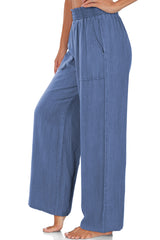 Sky Blue Side Pockets Frilled Smocked High Waist Wide Leg Jeans Bottoms JT's Designer Fashion