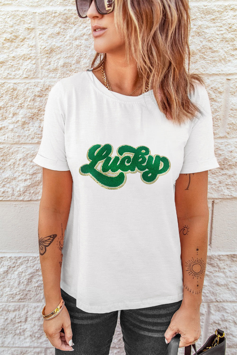 White St. Patrick Lucky Chenille Glitter Patched Graphic T Shirt Graphic Tees JT's Designer Fashion