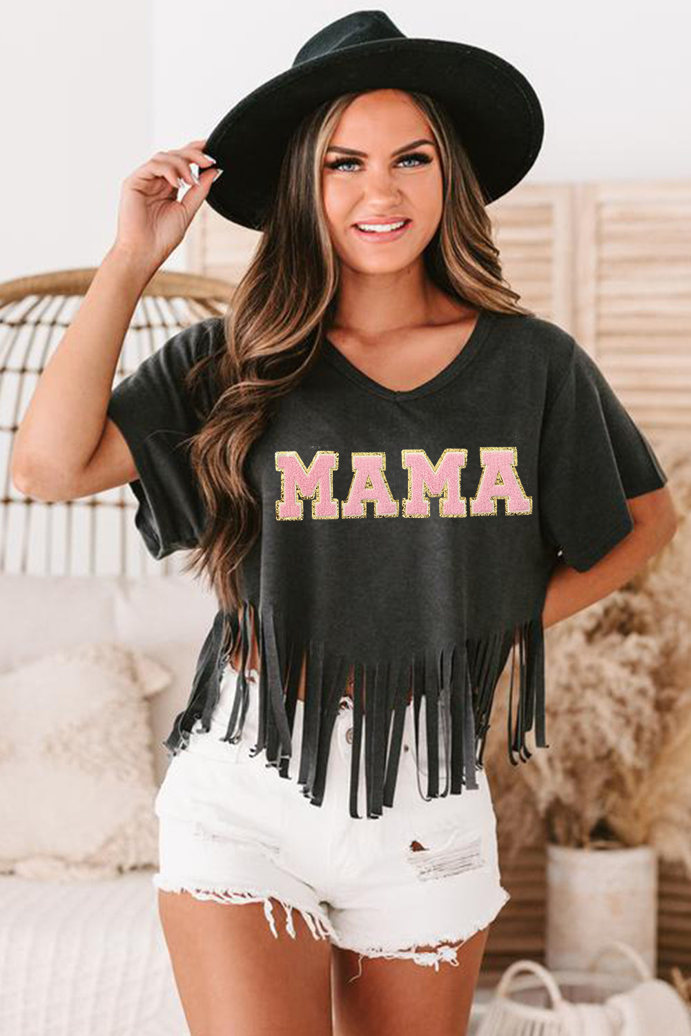 Black MAMA Chenille Graphic Fringed Hem Tee Graphic Tees JT's Designer Fashion