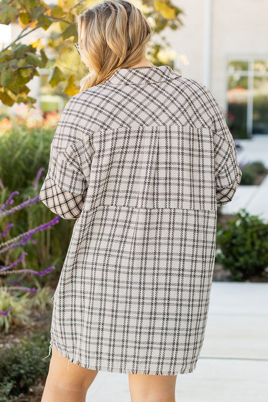 White Stripe Plus Size Plaid Buttoned Raw Hem Tunic Shirt Dress Plus Size Midi Dresses JT's Designer Fashion
