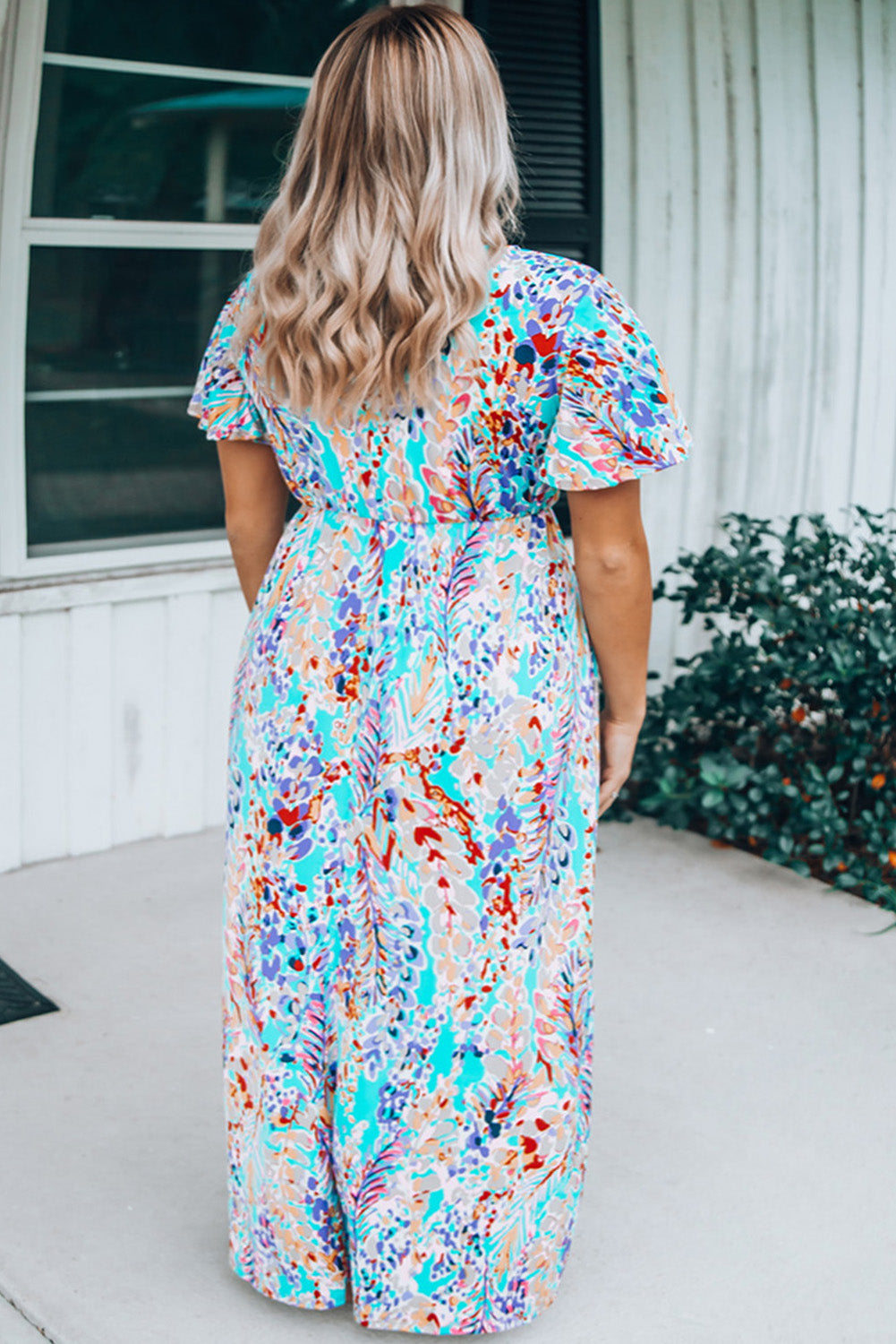 Sky Blue Floral Wrapped Bodice Flutter Sleeve Plus Maxi Dress Plus Size JT's Designer Fashion