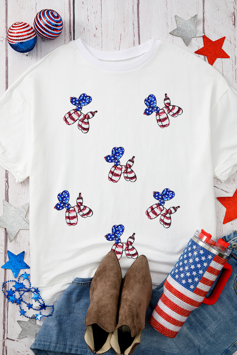 White Sequin USA Flag Balloon Puppy Graphic Drop Shoulder High Low Tee Graphic Tees JT's Designer Fashion
