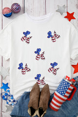 White Sequin USA Flag Balloon Puppy Graphic Drop Shoulder High Low Tee Graphic Tees JT's Designer Fashion
