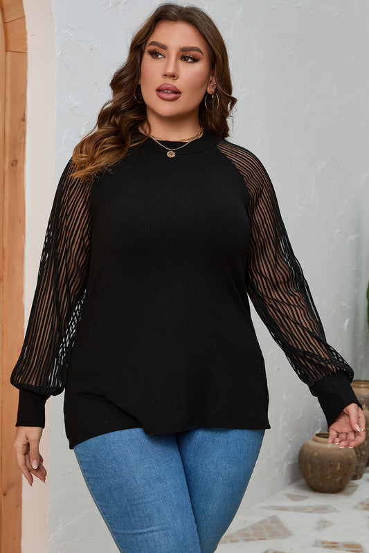 Plus Size Round Neck Long Sleeve Blouse Black Plus Size Lingerie JT's Designer Fashion