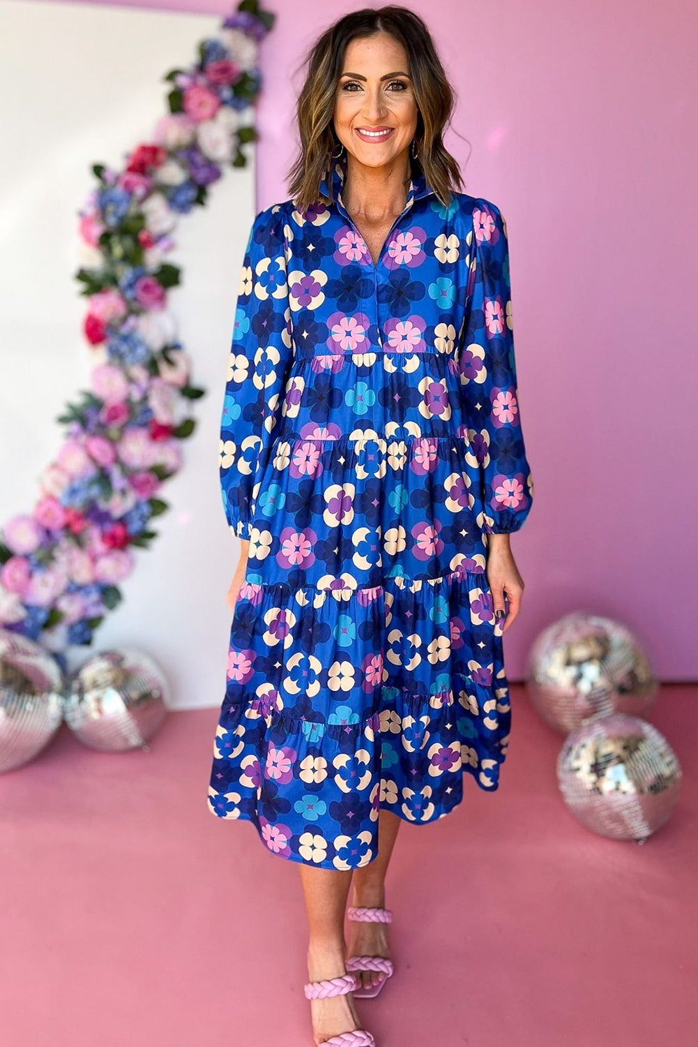 Blue Floral Peasant Sleeve Tiered Ruffle Midi Dress Midi Dresses JT's Designer Fashion