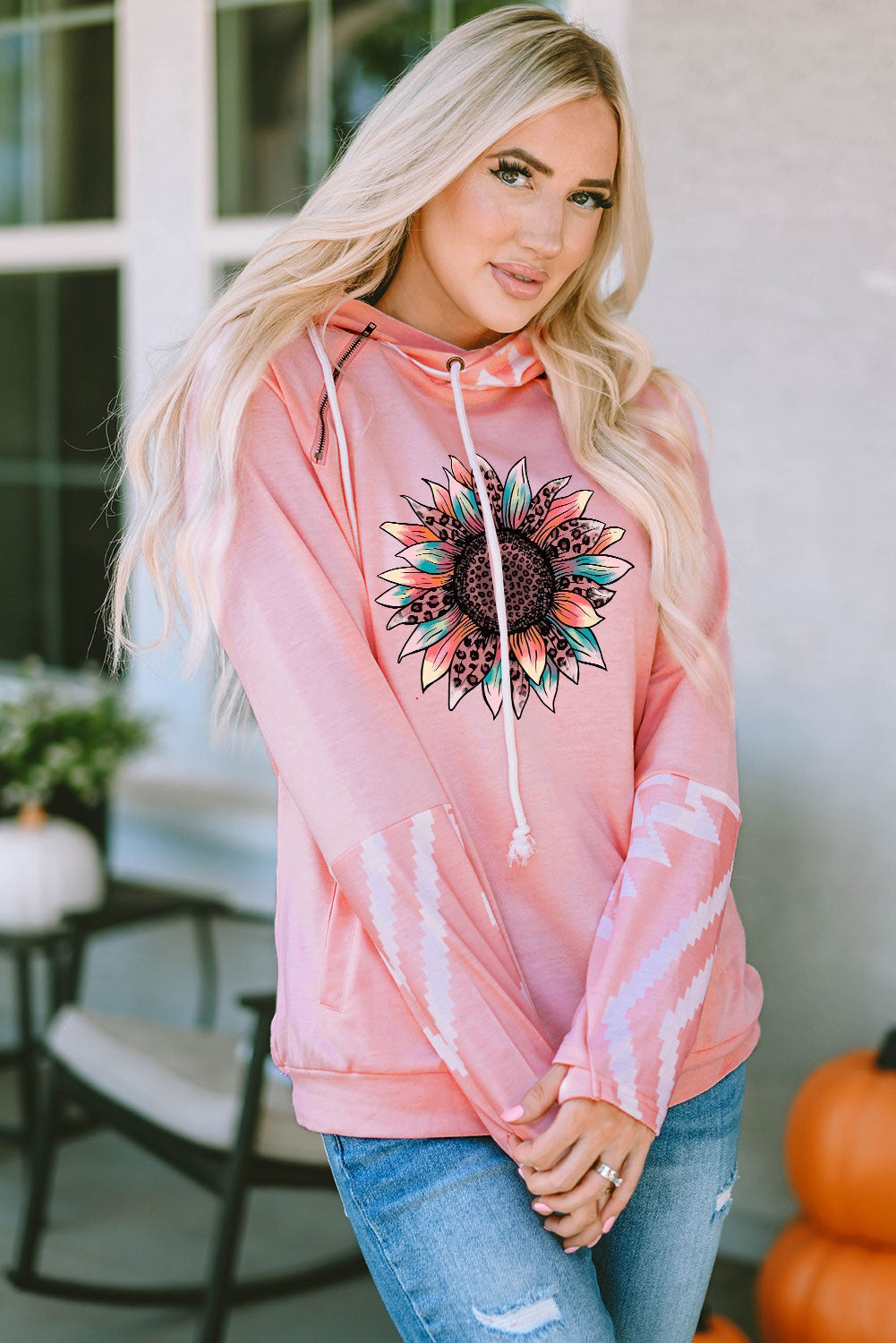 Pink Leopard Sunflower Aztec Print Drawstring Hoodie Graphic Sweatshirts JT's Designer Fashion