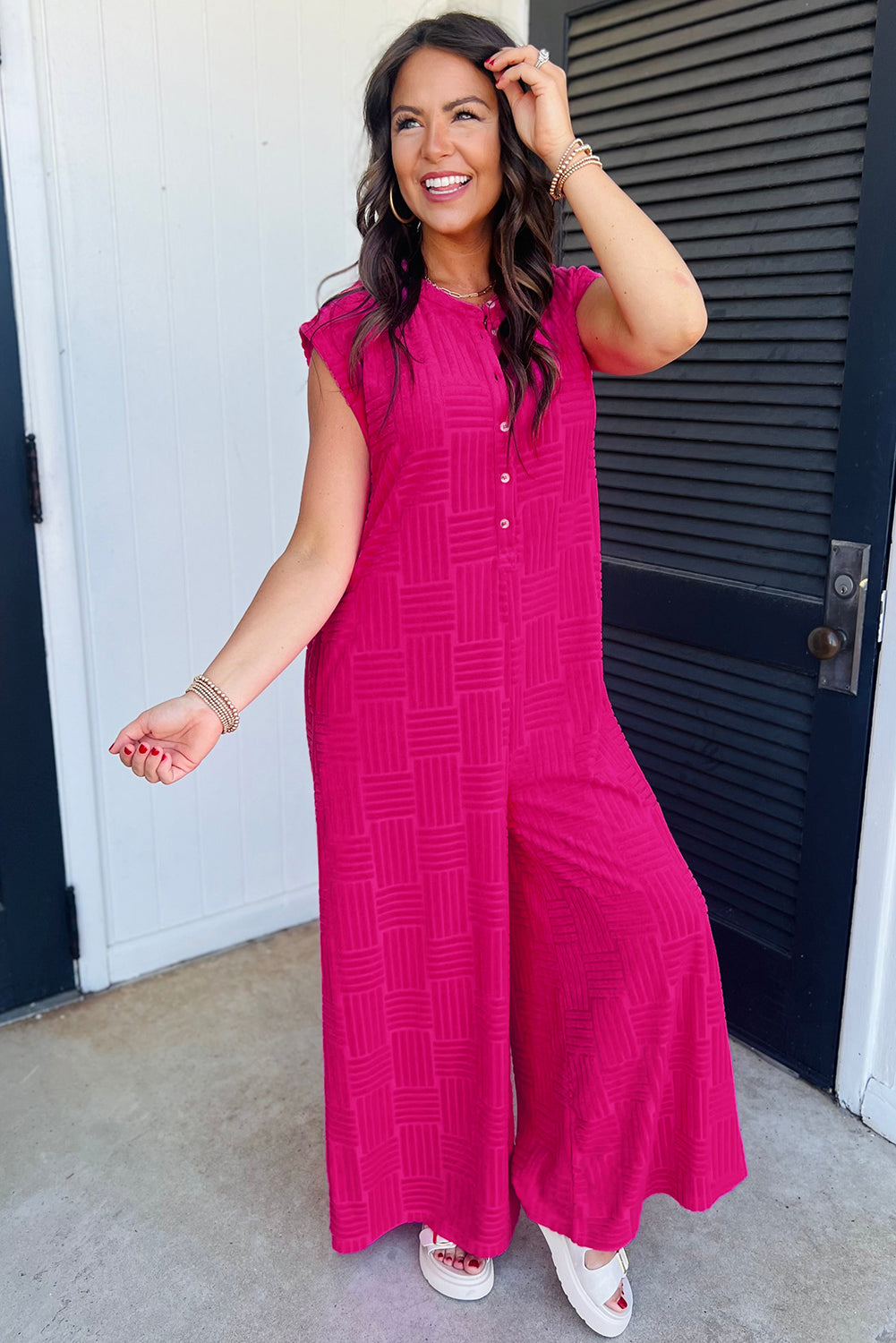 Bright Pink Terry Textured Sleeveless Button Front Wide Leg Jumpsuit Jumpsuits & Rompers JT's Designer Fashion