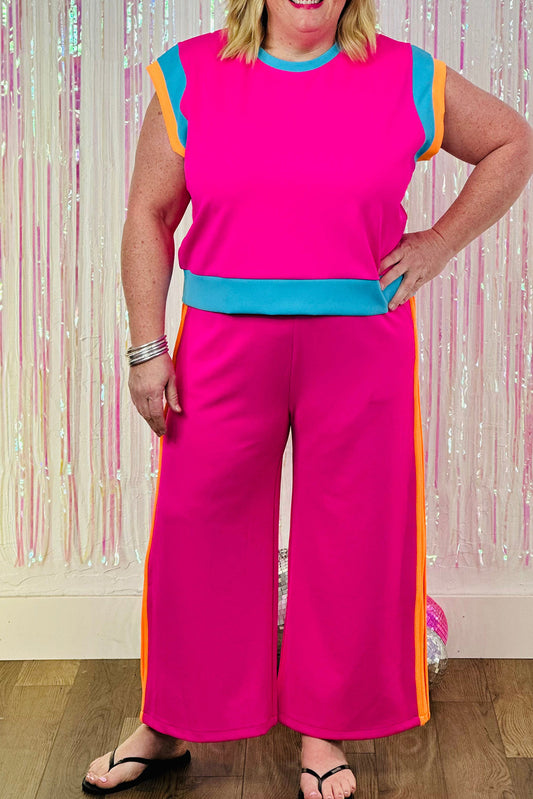 Strawberry Pink Plus Size Color Block Short Sleeve Top and Pants Set Plus Size JT's Designer Fashion