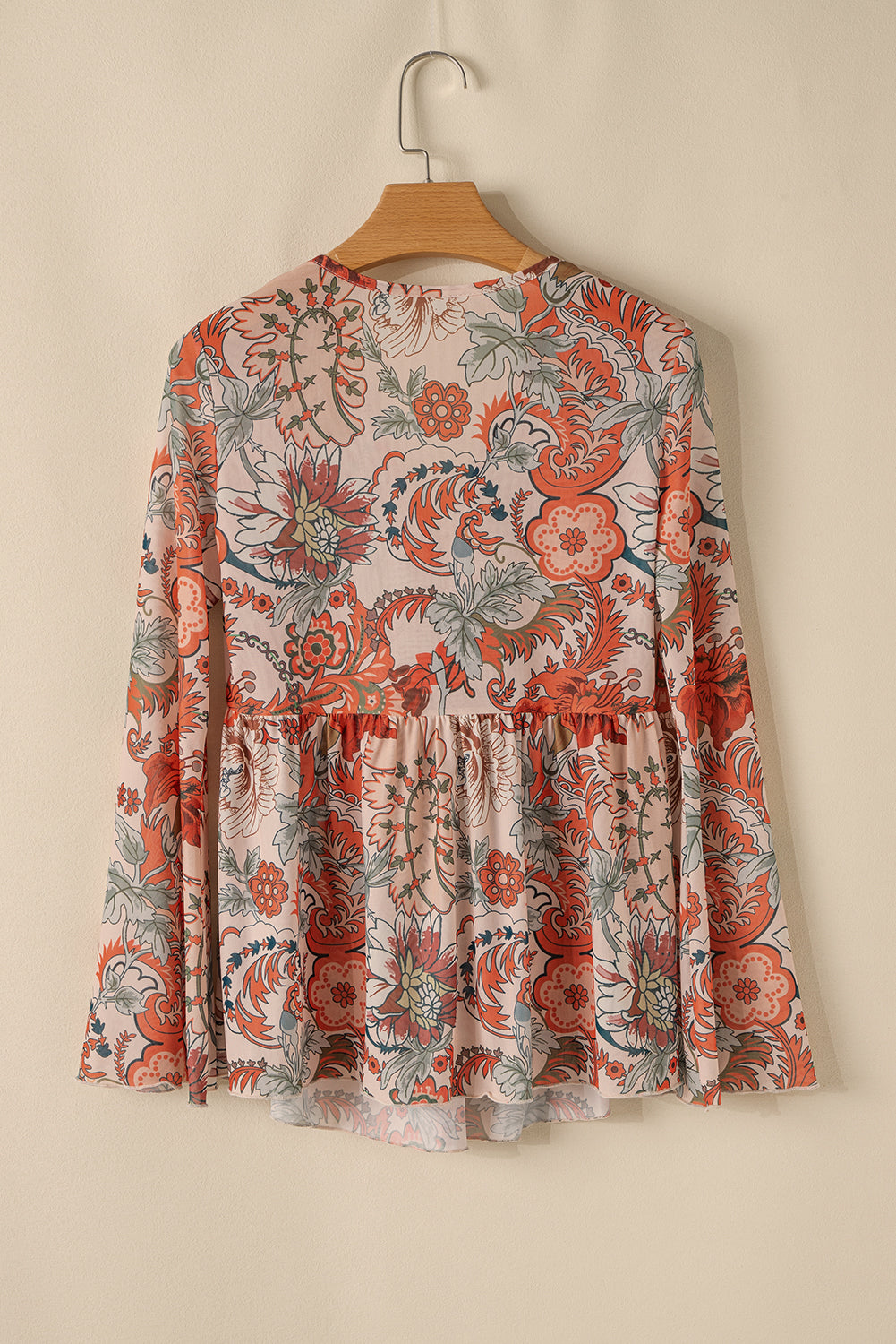 Orange Floral Print Deep V Neck Knot Bell Sleeve Blouse Blouses & Shirts JT's Designer Fashion