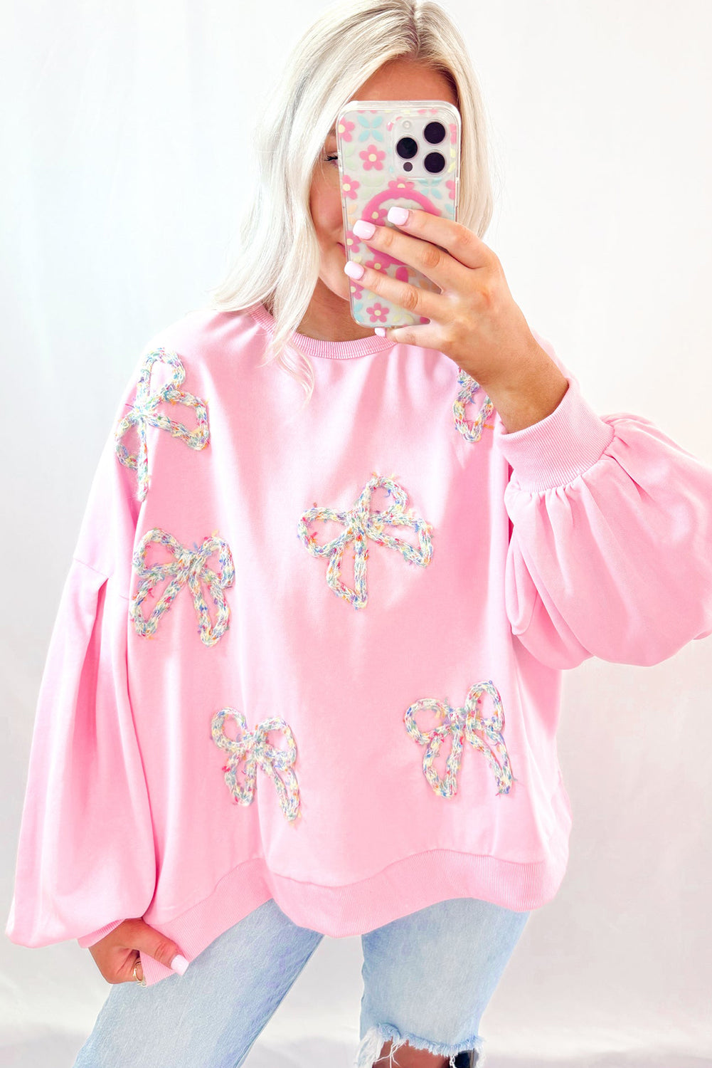 Light Pink Embroidered Bow Lantern Sleeve Oversized Pullover Sweatshirt Sweatshirts & Hoodies JT's Designer Fashion