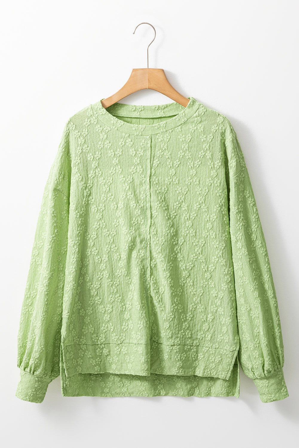 Light Green Solid Color Textured Side Split Crew Neck Blouse Blouses & Shirts JT's Designer Fashion