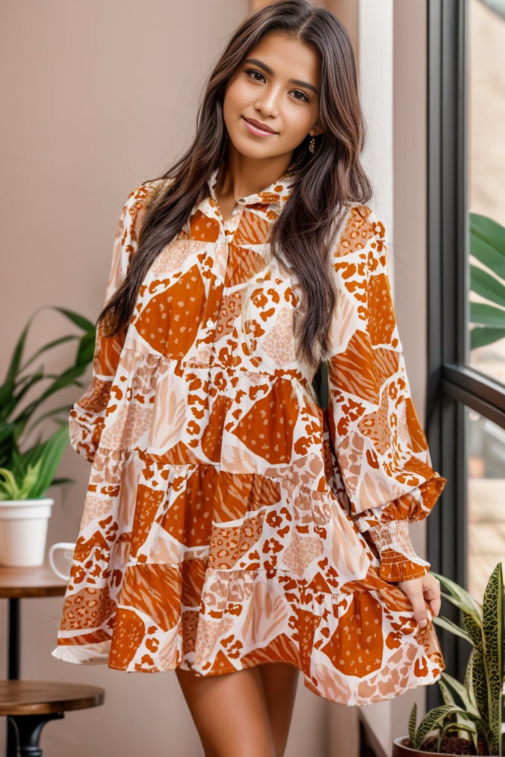 Printed Tiered Half Button Lantern Sleeve Mini Dress Caramel Mini Dresses JT's Designer Fashion