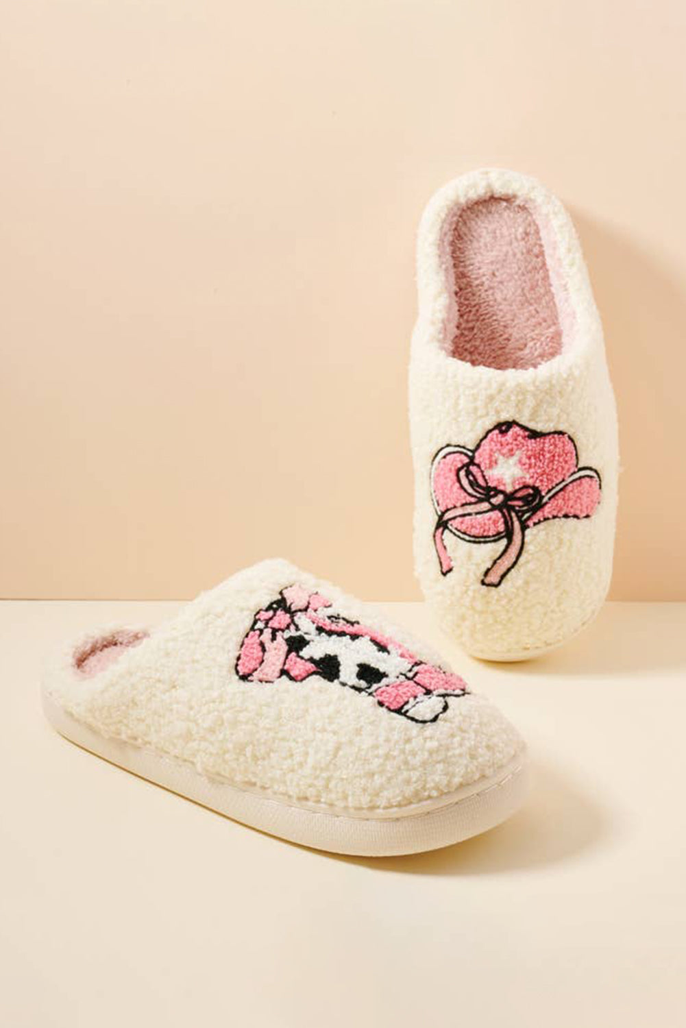 White Cowgirl Hat & Boot Printed Plush Thermal Home Slippers Slippers JT's Designer Fashion