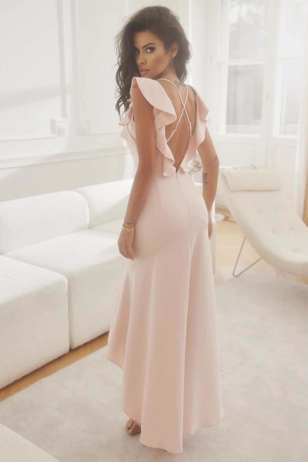 Apricot Pink Crossed Backless Mermaid Trim Wedding Party Dress Dresses JT's Designer Fashion