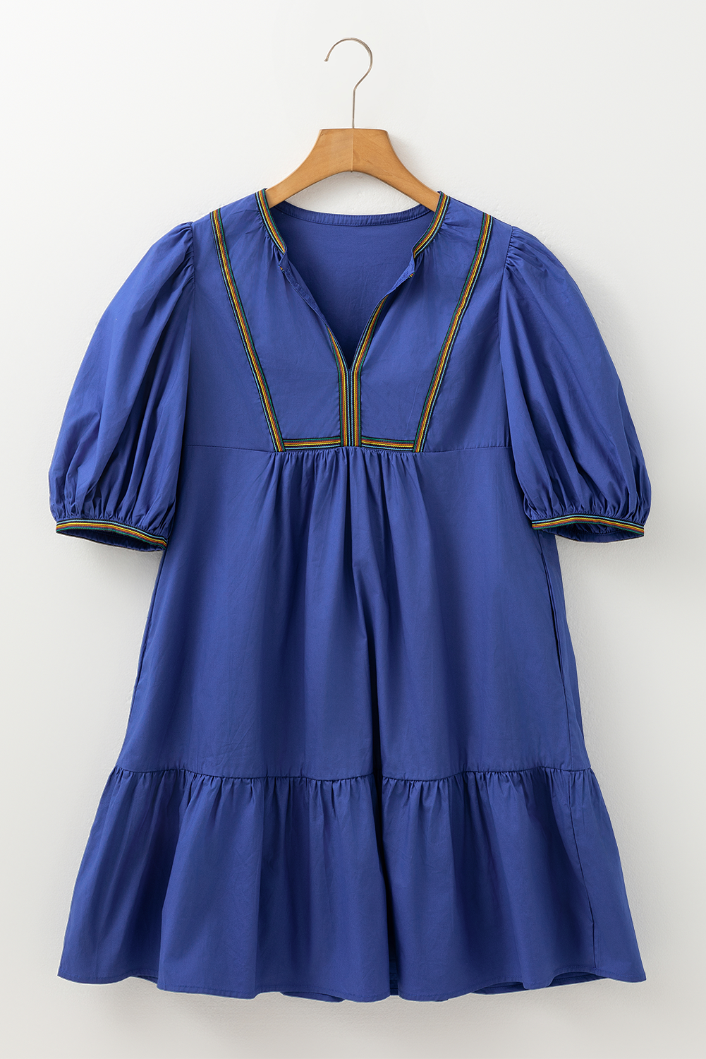 Bluing Colorful Striped Trim Puff Sleeve Pleated Mini Dress Mini Dresses JT's Designer Fashion